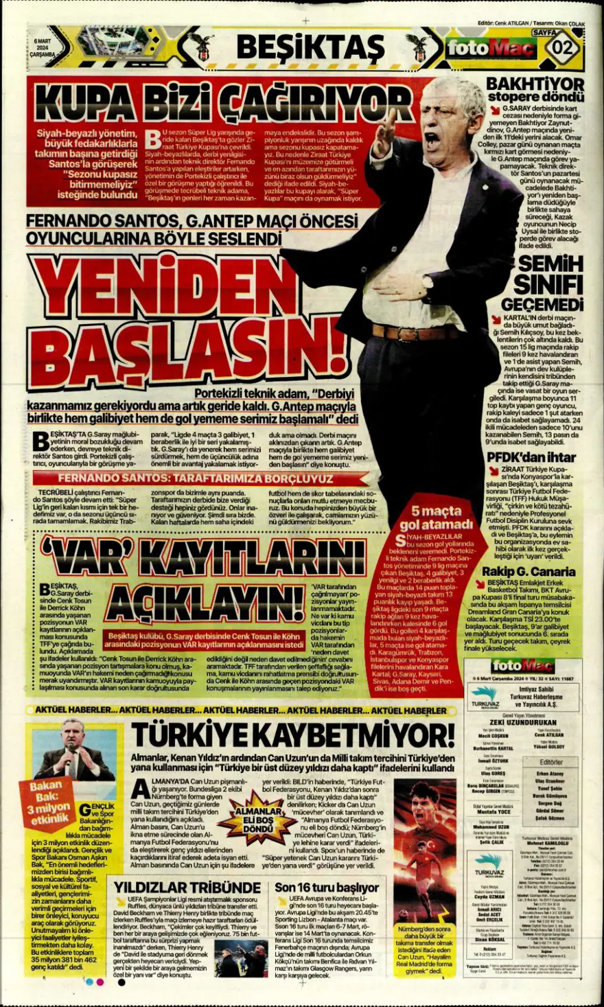 "Transfer planı şimdiden hazır" (6 Mart 2024 spor manşetleri) 3