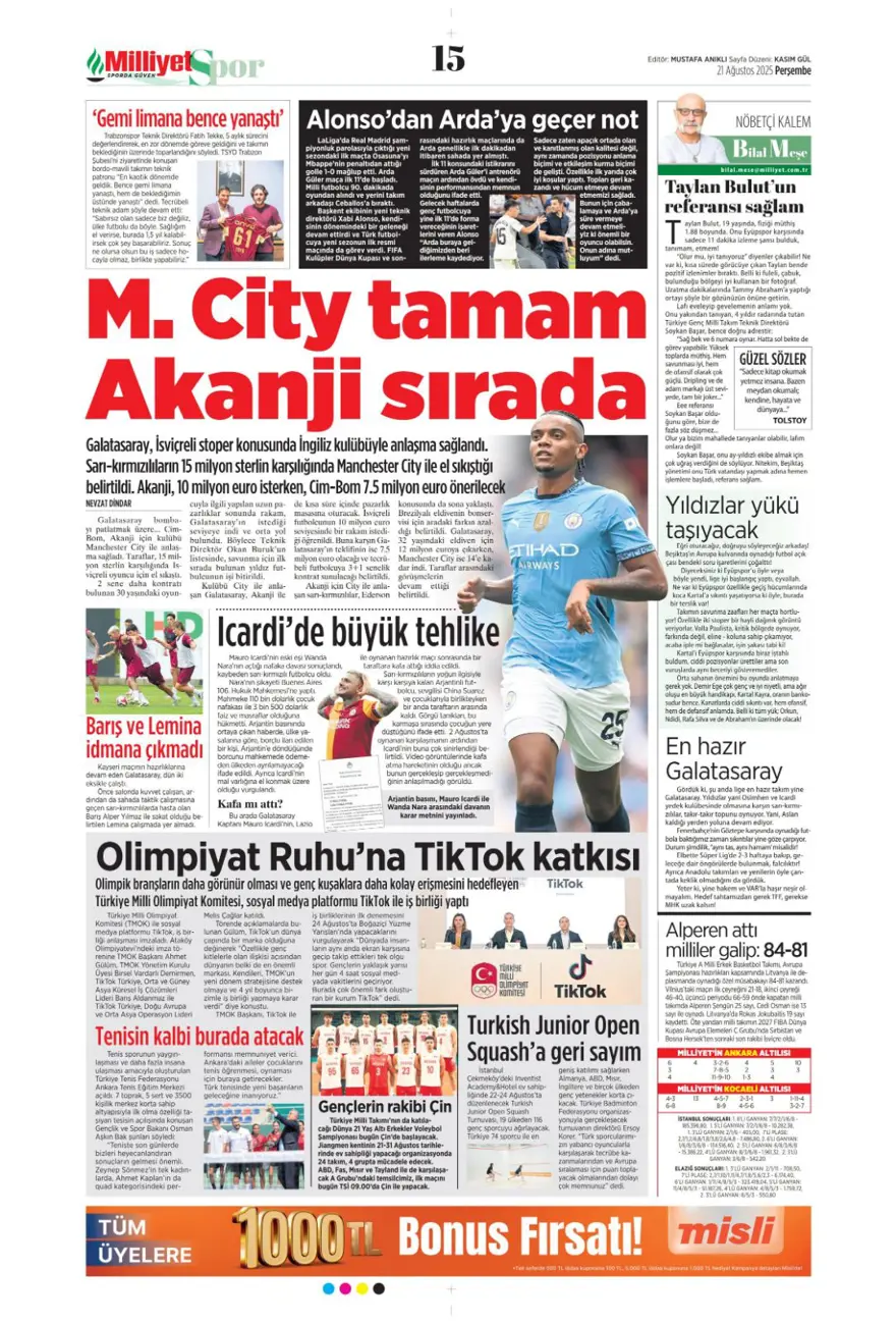 "Akanji müjdesi" (21 Ağustos spor manşetleri) 19