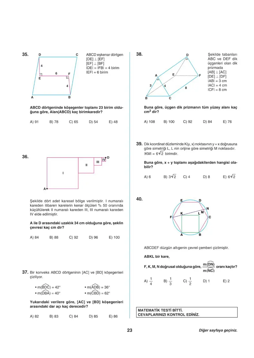 Uğur Okulları AYT -2 deneme sınavı 22