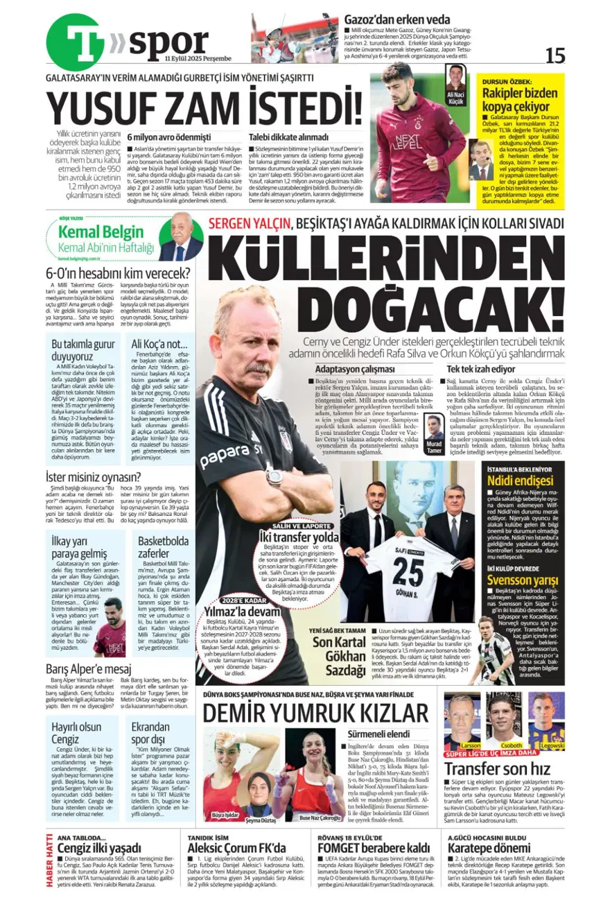 "Aslan'a yeni Mertens" (11 Eylül spor manşetleri) 25