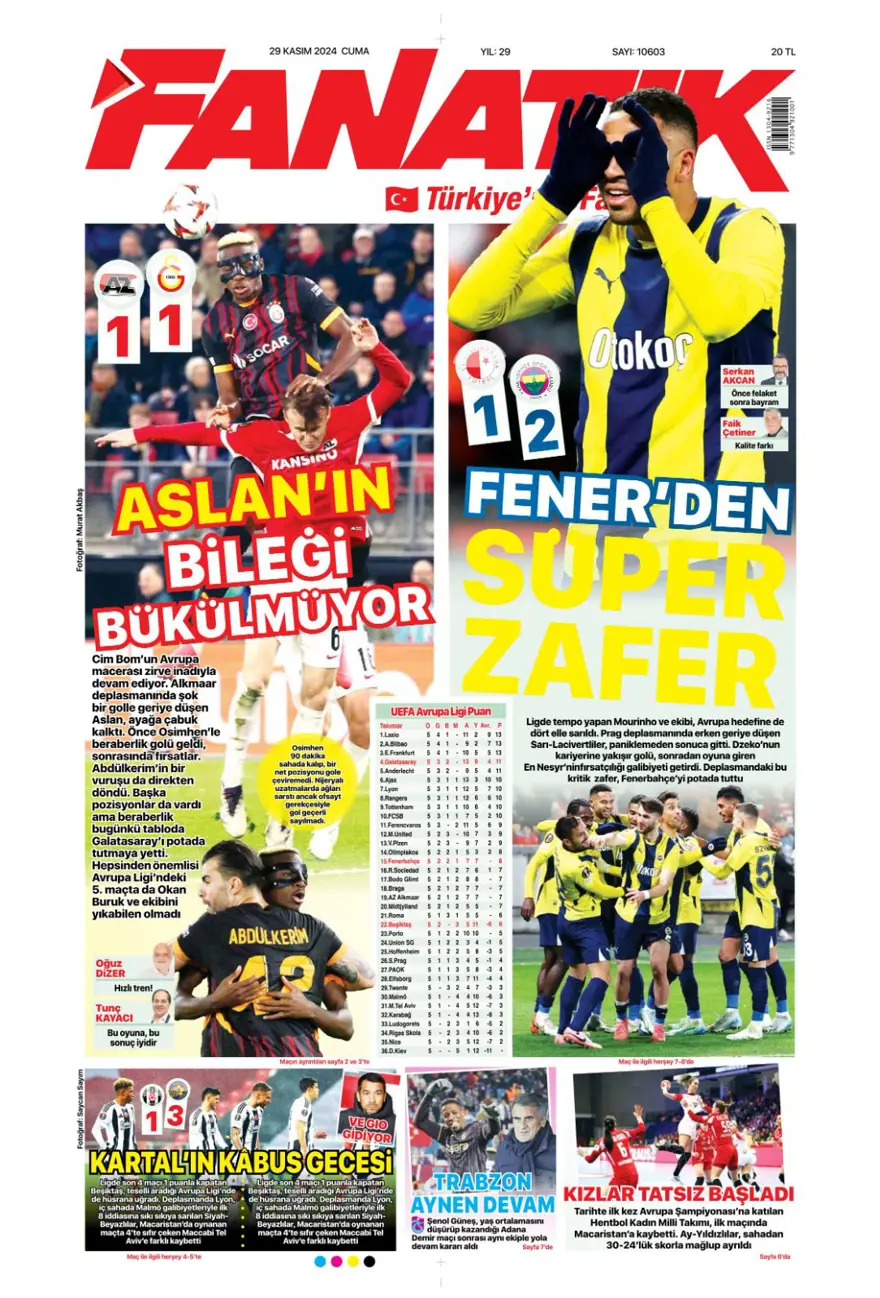"Avrupa'da Fener alayı" (29 Kasım 2024 spor manşetleri) 4