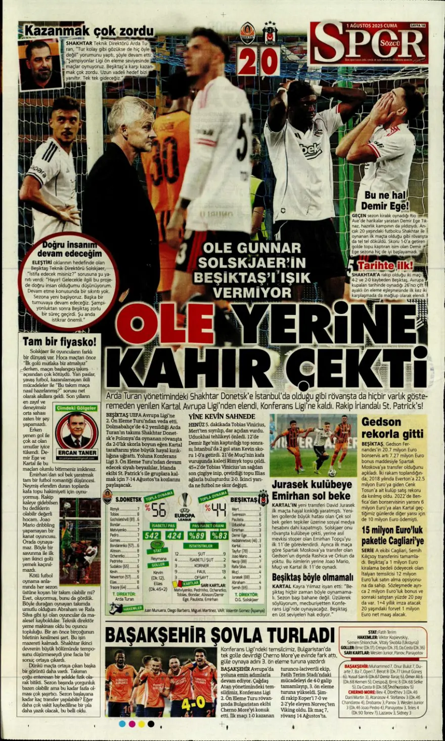 "Her yer karanlık" (1 Ağustos 2025 spor manşetleri) 19