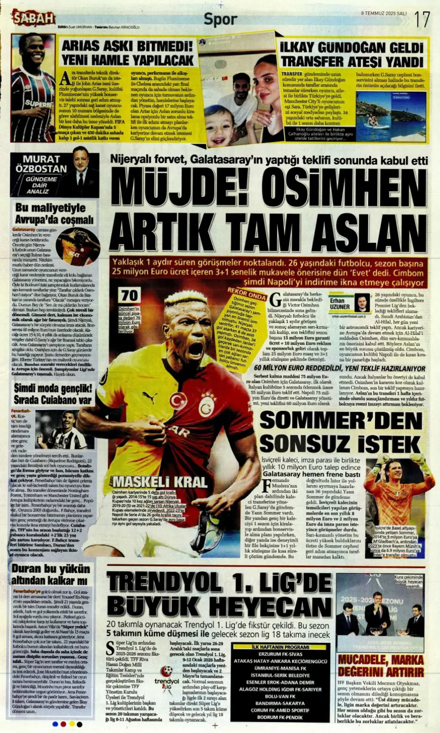 "100 milyon euro paniği" (8 Temmuz 2025 spor manşetleri) 19