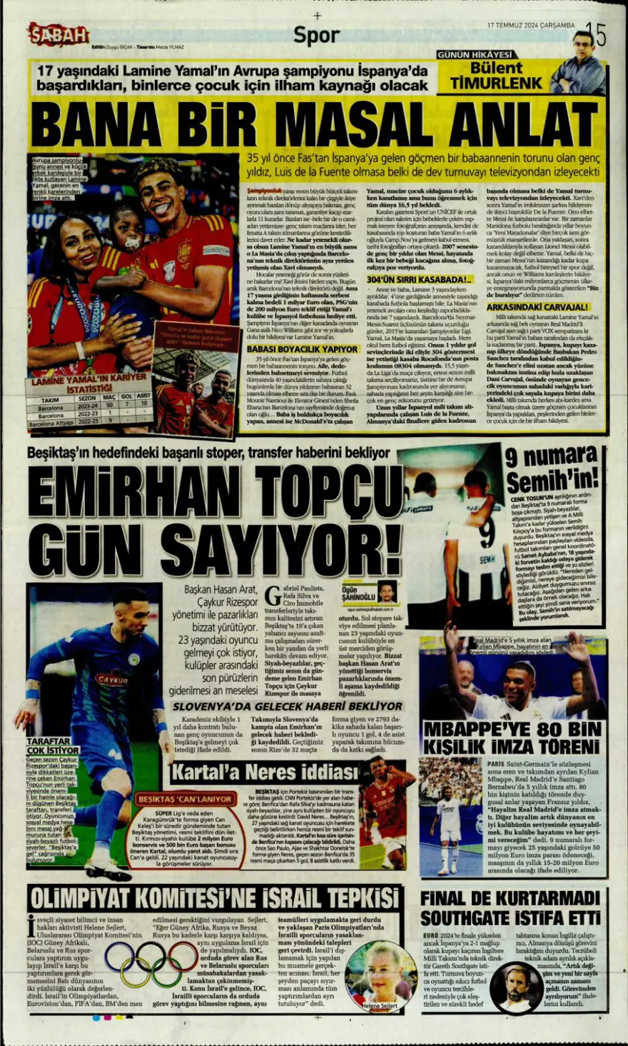 "Son aday Jelert" (17 Temmuz 2024 spor manşetleri) 6