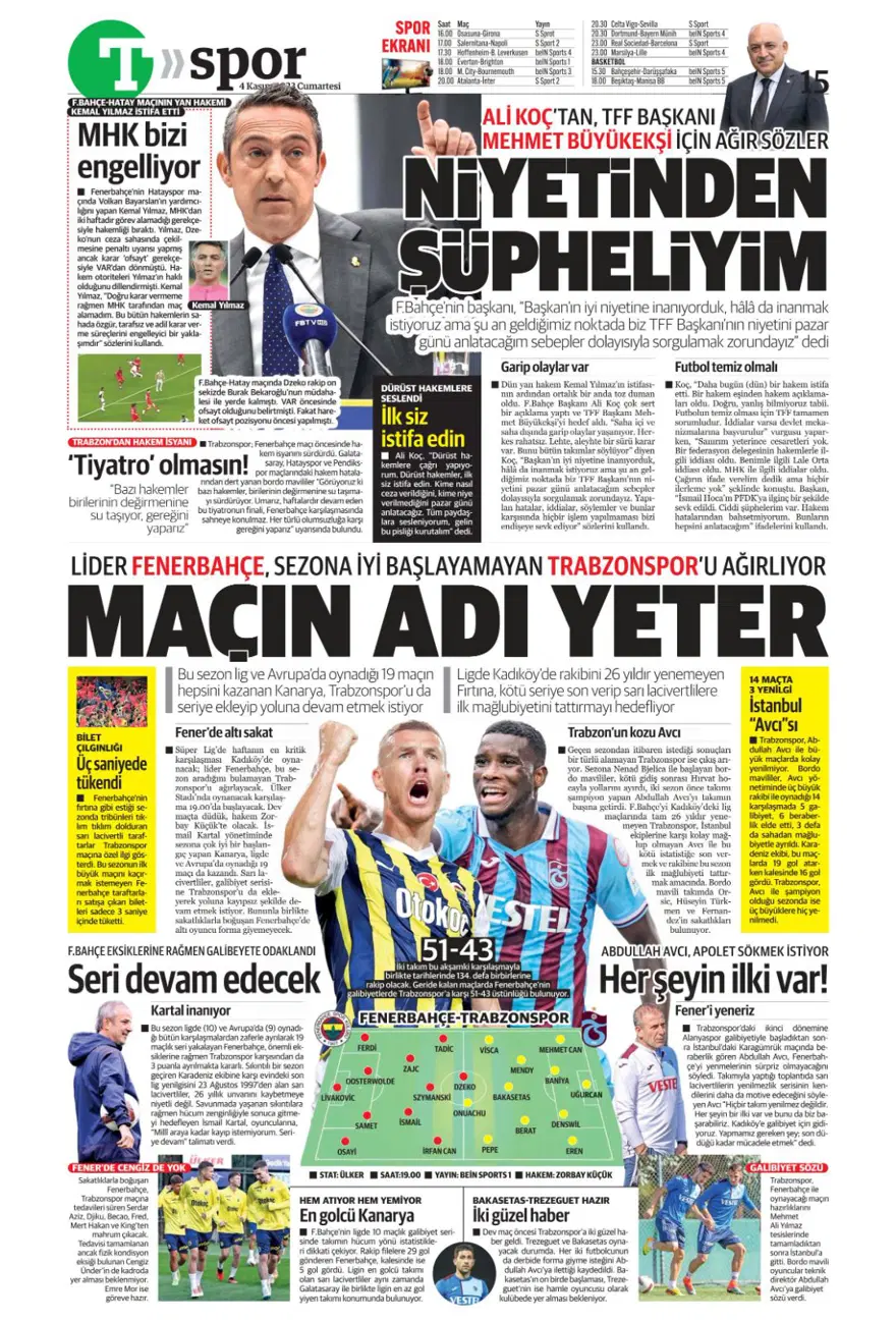 "Hesap farklı hedef aynı" (4 Kasım 2023 spor manşetleri) 28