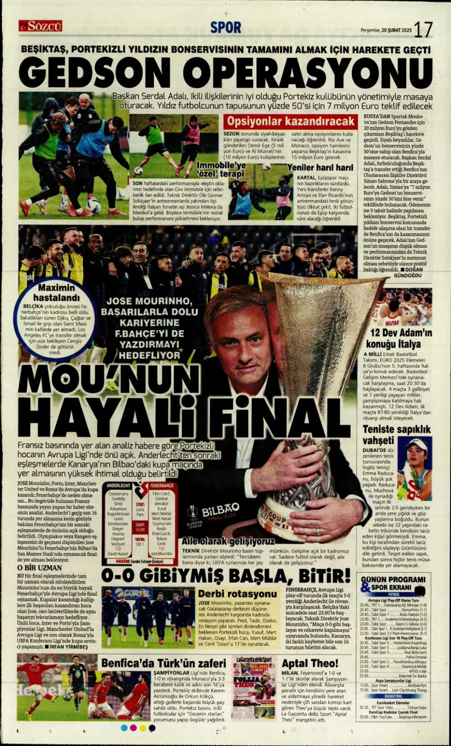 "Fenerbahçe zafer, Aslan destan peşinde" (20 Şubat spor manşetleri) 