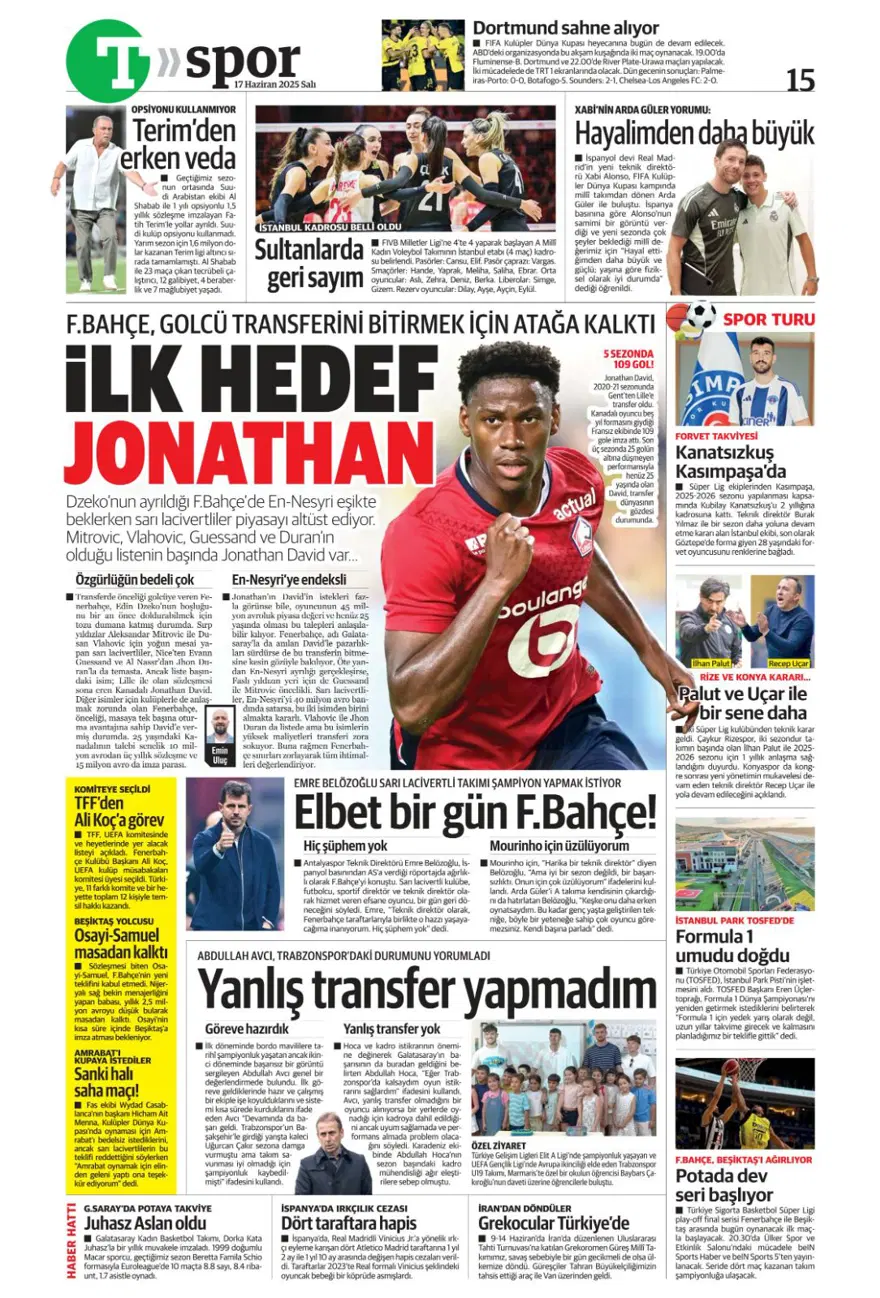 "Çalhanoğlu geri sayımı" (17 Haziran 2025 spor manşetleri) 32