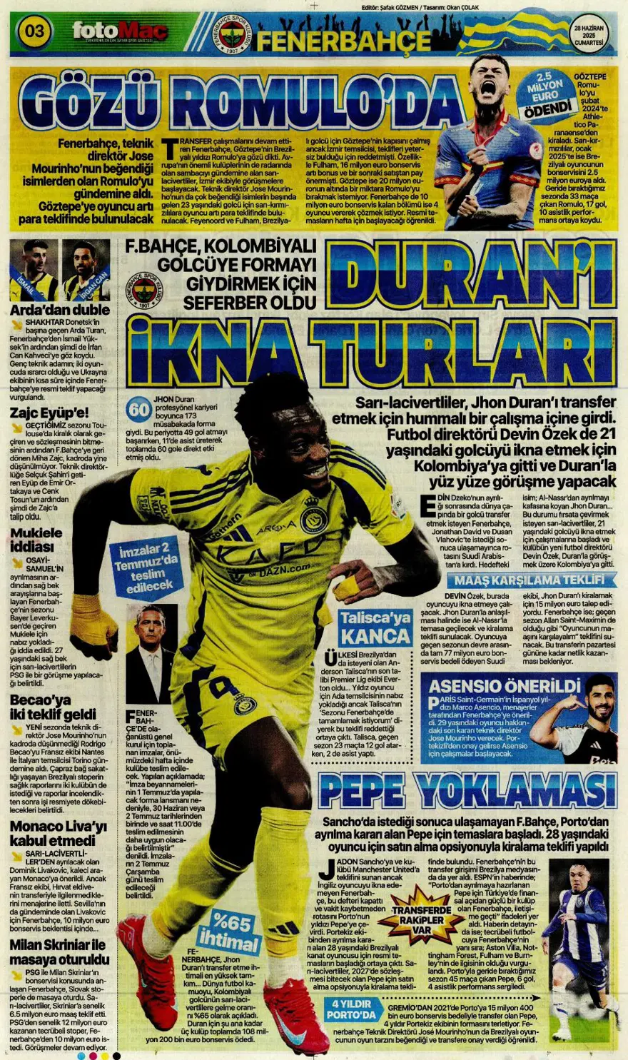 "Kolombiya seferi" (28 Haziran 2025 spor manşetleri) 5