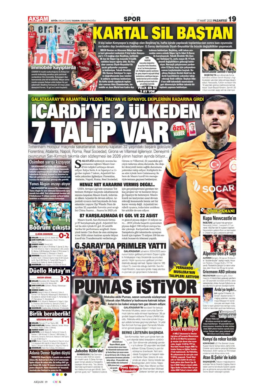 "Üç günde rüyadan kabusa" (17 Mart 2025 spor manşetleri) 2