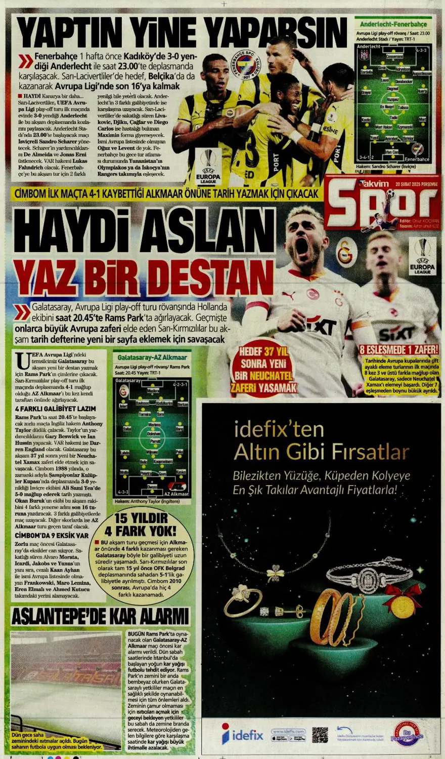 "Fenerbahçe zafer, Aslan destan peşinde" (20 Şubat spor manşetleri) 1