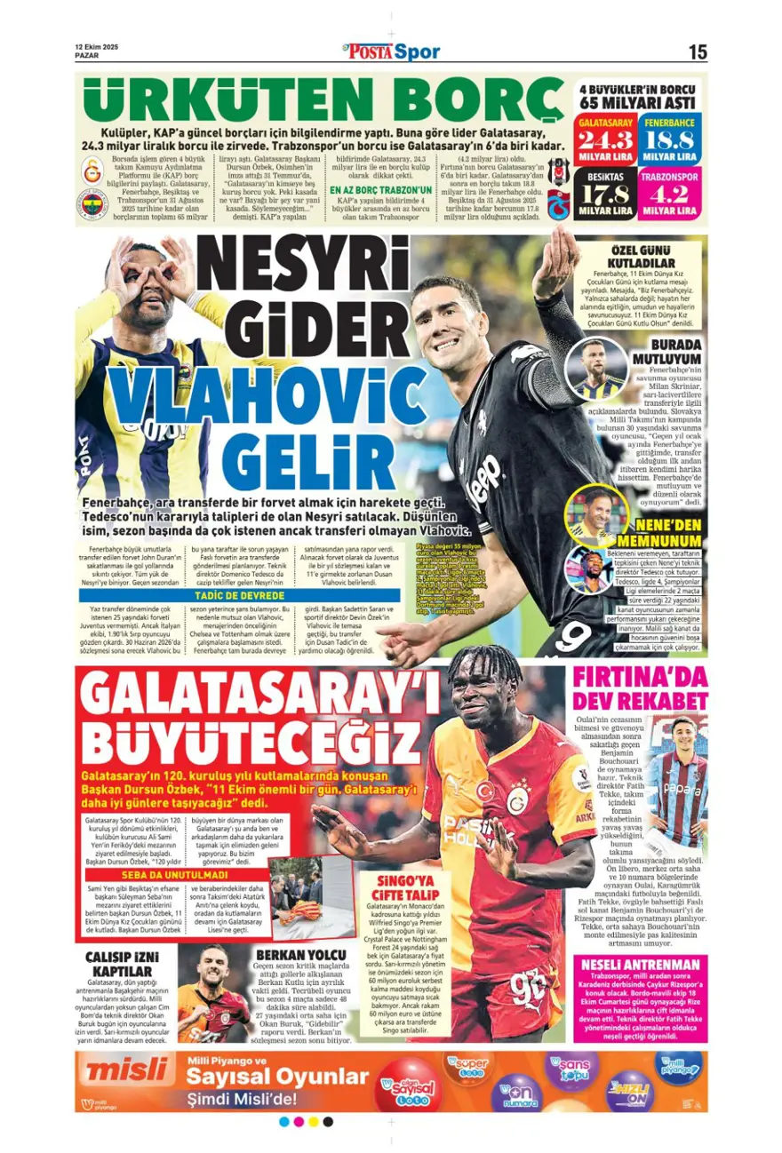 "Sofya'da tarihi zafer" (12 Ekim 2025 spor manşetleri) 16