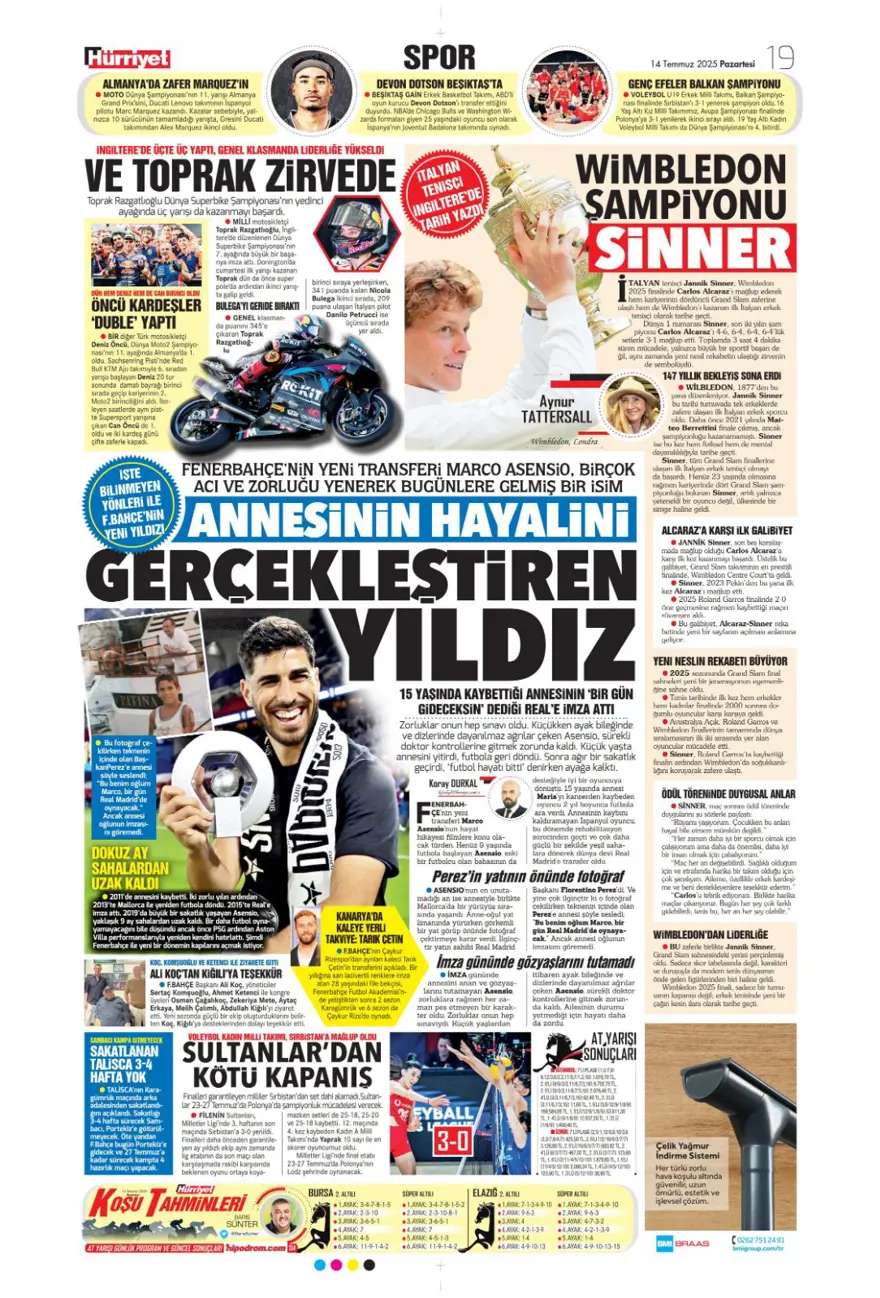 "Pasta Asensio, çilek Bissouma" (14 Temmuz 2025 spor manşetleri) 8