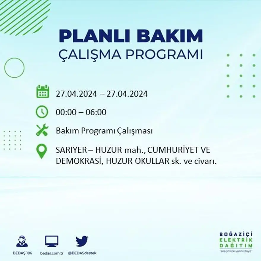 İstanbul'un 20 ilçesinde elektrik kesintisi: Elektrikler ne zaman gelecek? (27 Nisan tarihli BEDAŞ kesinti programı) 52 İstanbul'un 20 ilçesinde elektrik kesintisi: Elektrikler ne zaman gelecek? (27 Nisan tarihli BEDAŞ kesinti programı) 52