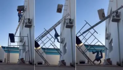 Korkutan görüntü: Dengesini kaybetti, üzerine klima düştü