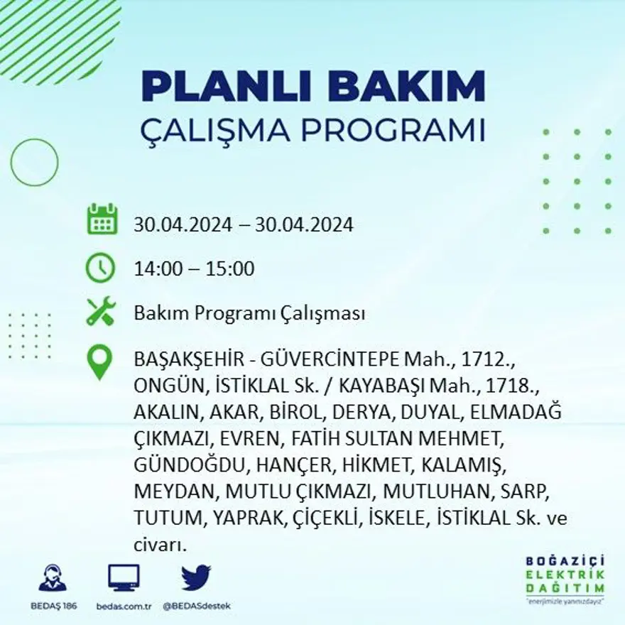 İstanbul'un 23 ilçesinde elektrik kesintisi: Elektrikler ne zaman gelecek? (30 Nisan tarihli BEDAŞ kesinti programı) 14