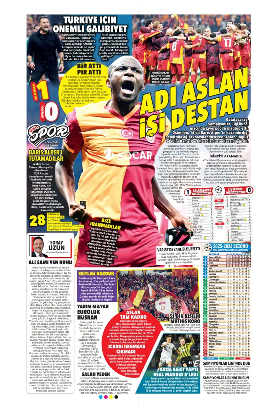 "Adı Aslan, işi destan" (1 Ekim 2025 spor manşetleri) 14