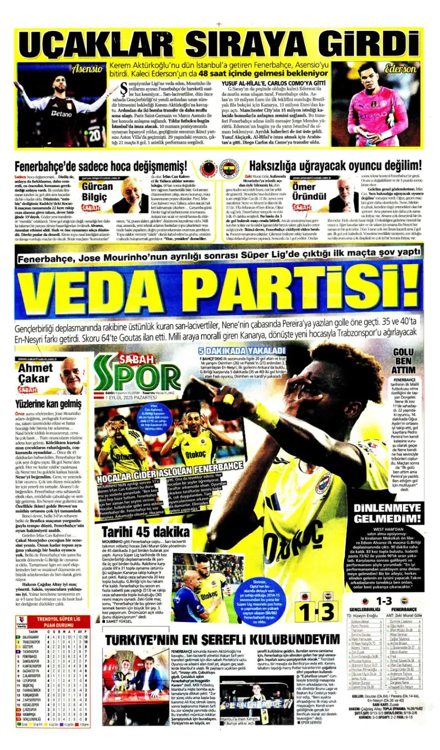 "Acıların takımı" (1 Eylül spor manşetleri) 17
