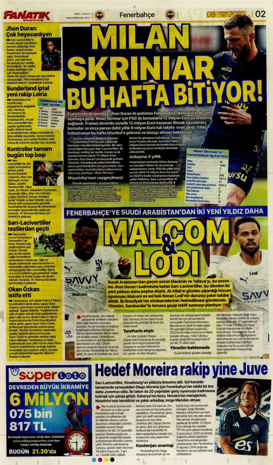 "100 milyon euro paniği" (8 Temmuz 2025 spor manşetleri) 3