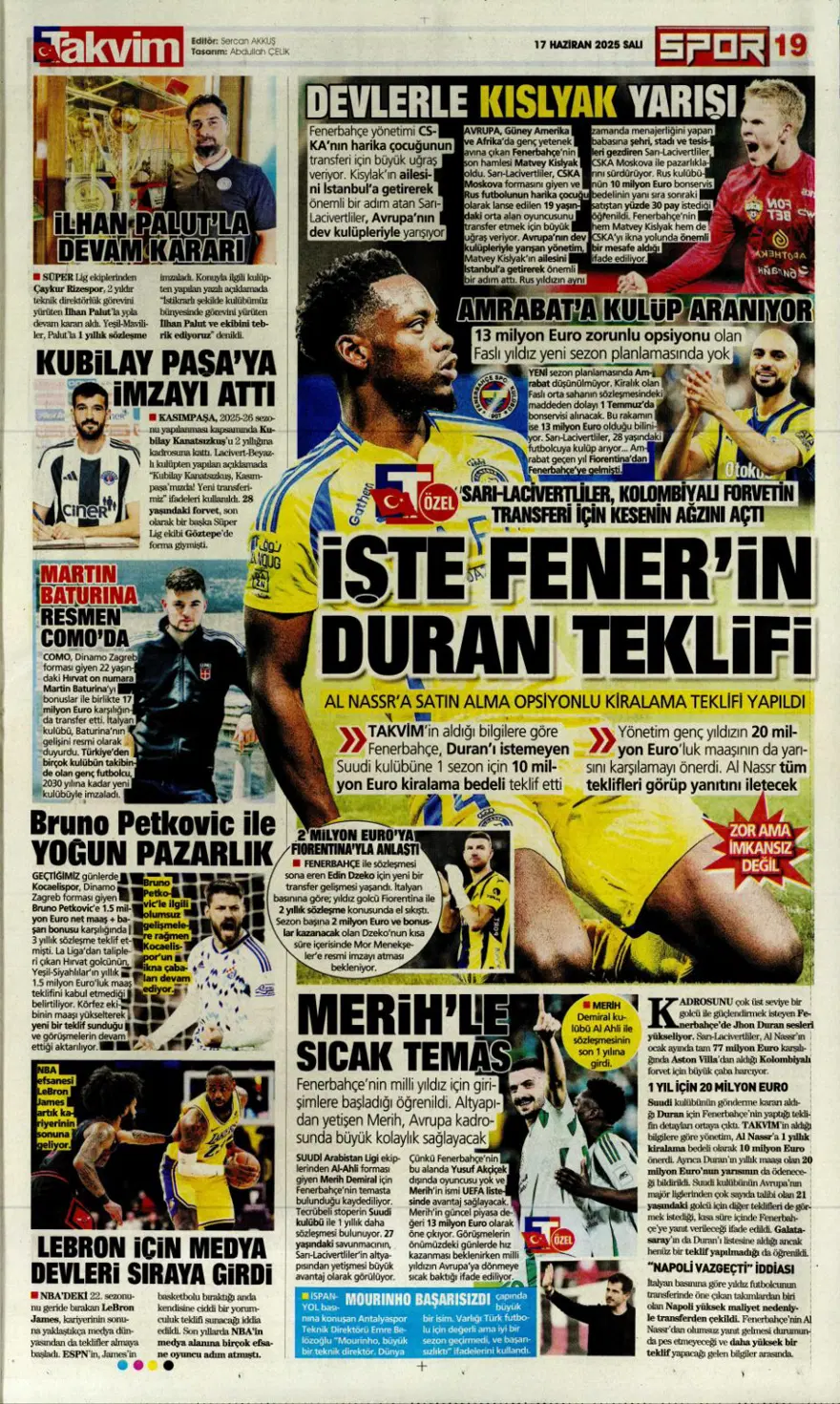 "Çalhanoğlu geri sayımı" (17 Haziran 2025 spor manşetleri) 30
