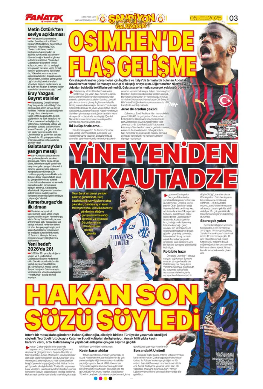 "Yine yeniden Mikautadze" (5 Temmuz 2025 spor manşetleri) 2