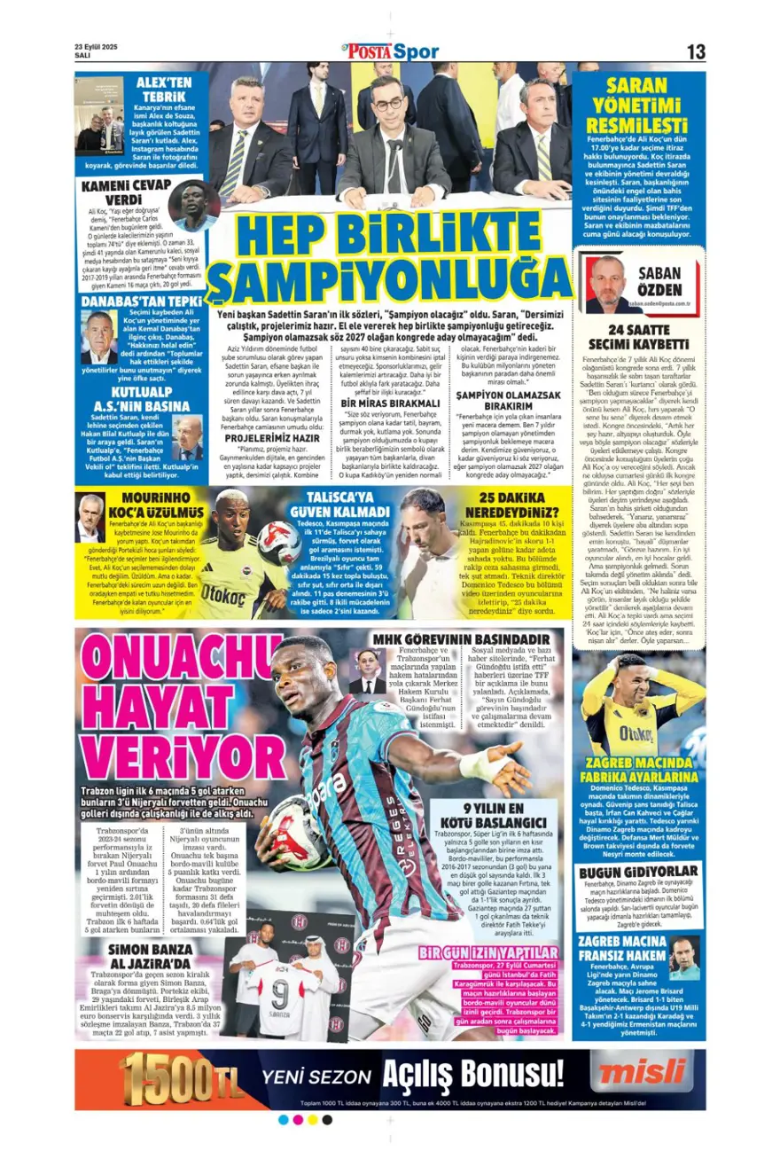 "Süper Lig'in Aslan'ı" (23 Eylül spor manşetleri) 23