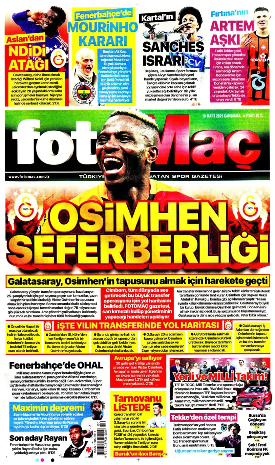 "Kayıtsız şartsız Mourinho" (19 Mart 2025 spor manşetleri) 3 "Kayıtsız şartsız Mourinho" (19 Mart 2025 spor manşetleri) 3