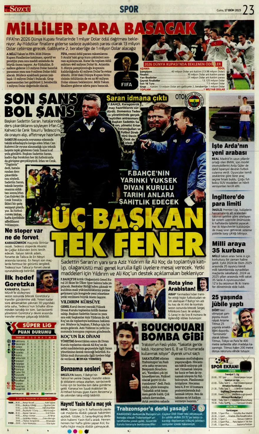 "Savic derbisi" (17 Ekim 2025 spor manşetleri) 16