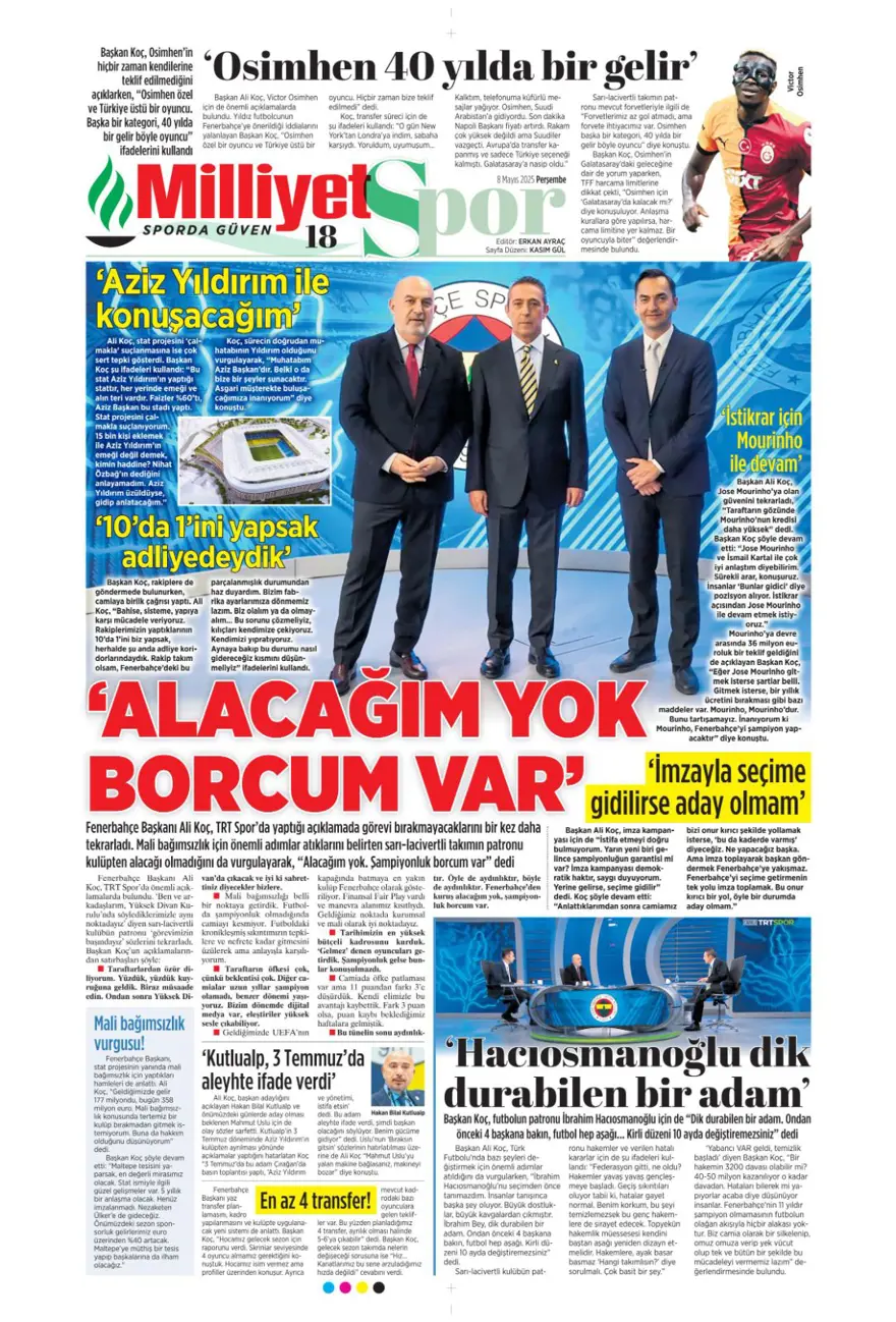 "Alacağım yok, borcum var" (8 Mayıs 2025 spor manşetleri) 15