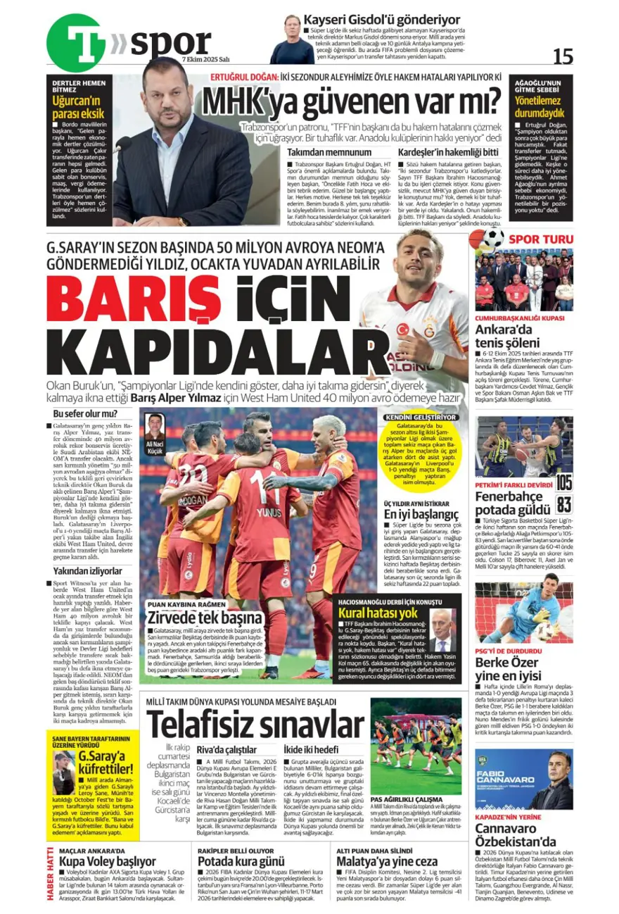 "100 milyonluk hayal kırıklığı" (7 Ekim 2025 spor manşetleri) 18