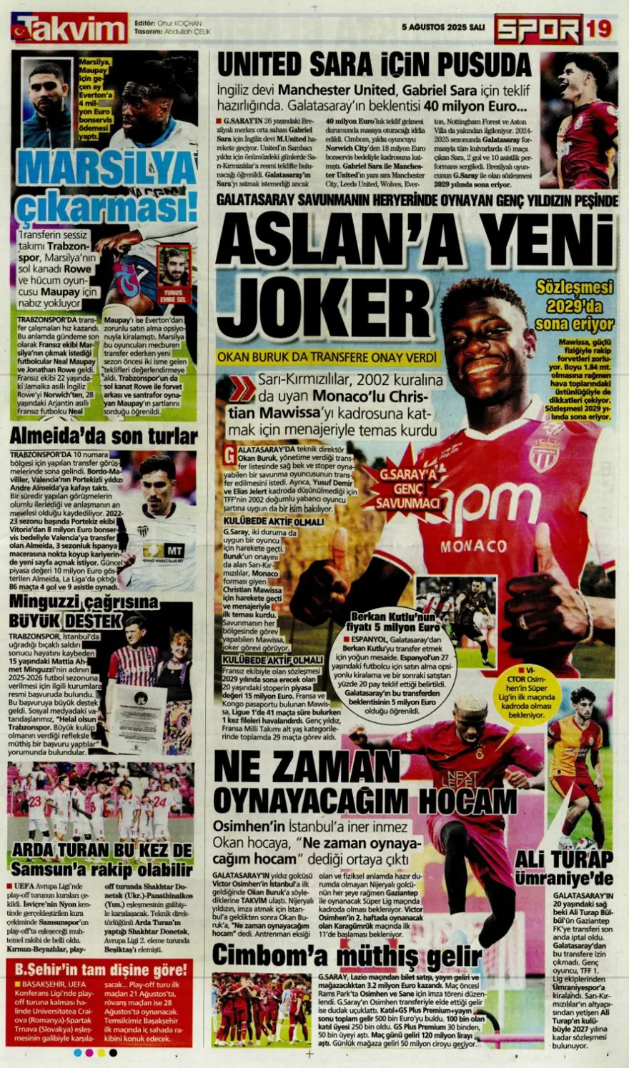 "Mou'nun prensi Kerem" (5 Ağustos spor manşetleri) 25 "Mou'nun prensi Kerem" (5 Ağustos spor manşetleri) 25