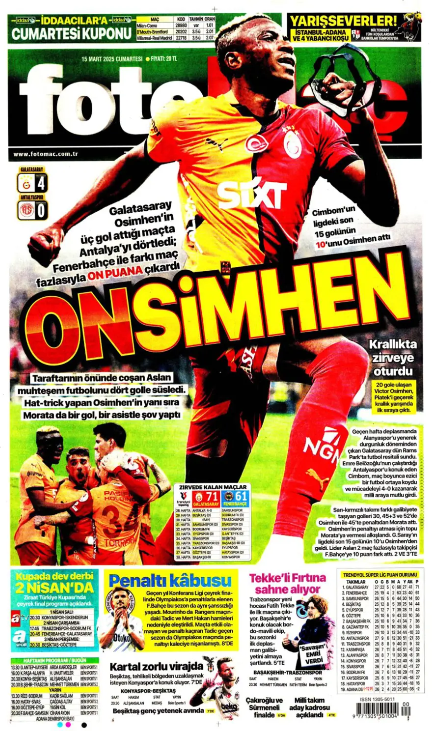 "Zirvede tek başına" (15 Mart 2025 spor manşetleri) 3