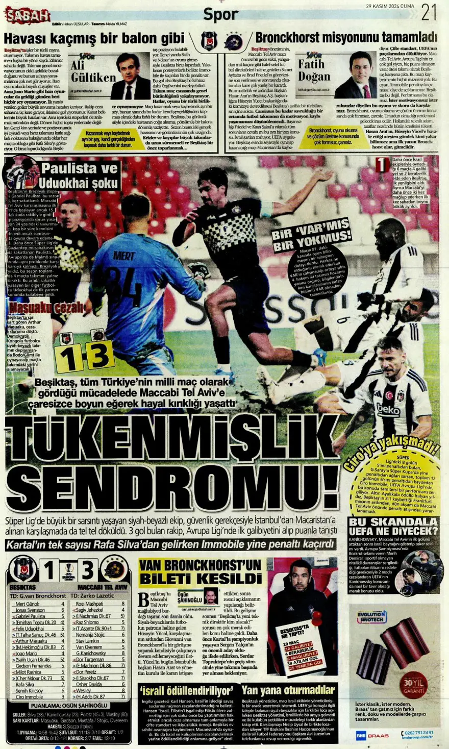 "Avrupa'da Fener alayı" (29 Kasım 2024 spor manşetleri) 28