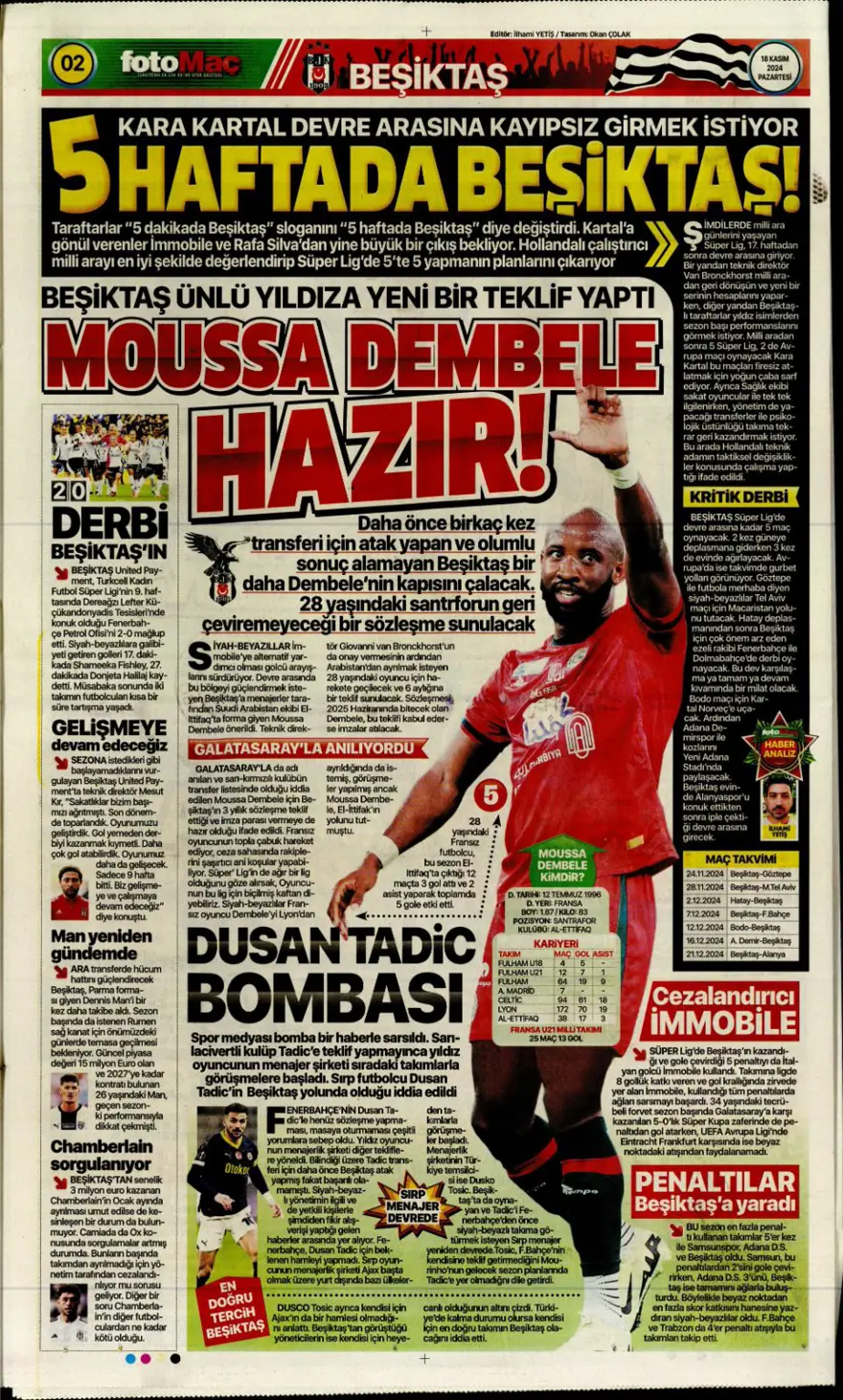 “Fenerbahçe’de dev takas” (18Kasım 2024 spor manşetleri) 11
