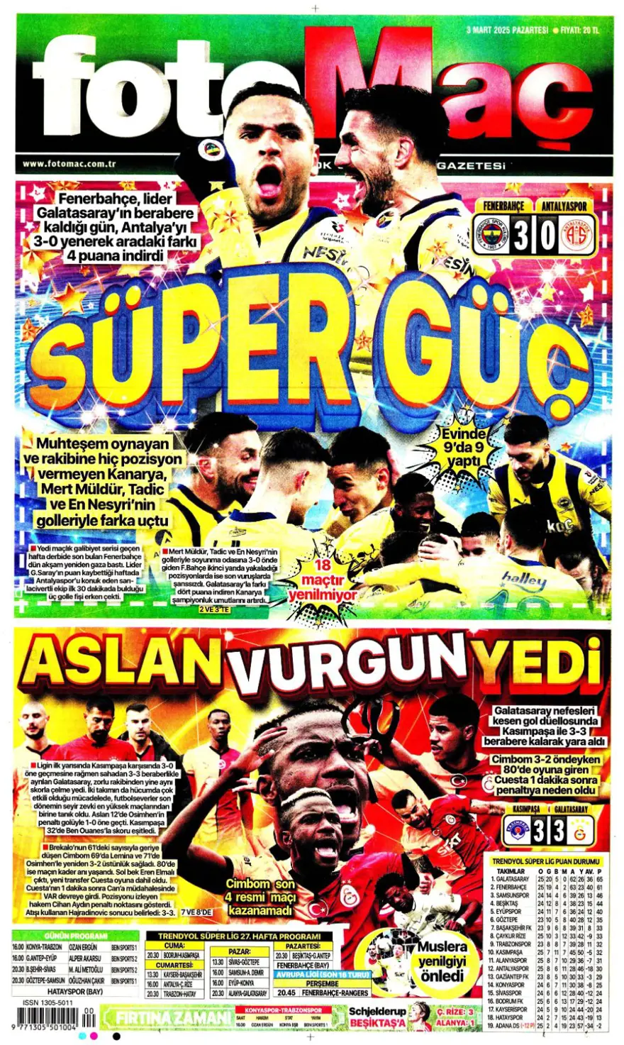 "Zirvede fark eriyor" (3 Mart 2025 spor manşetleri) 