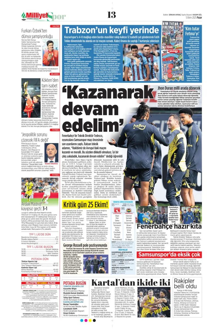 "Kartal salladı, Aslan yıkılmadı" (5 Ekim 2025 spor manşetleri) 9