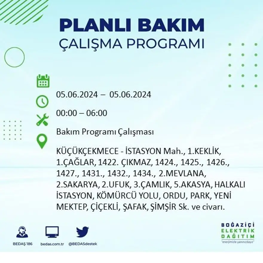 İstanbul'un 19 ilçesinde elektrik kesintisi: Elektrikler ne zaman gelecek? (5 Haziran BEDAŞ kesinti programı) 47 İstanbul'un 19 ilçesinde elektrik kesintisi: Elektrikler ne zaman gelecek? (5 Haziran BEDAŞ kesinti programı) 47