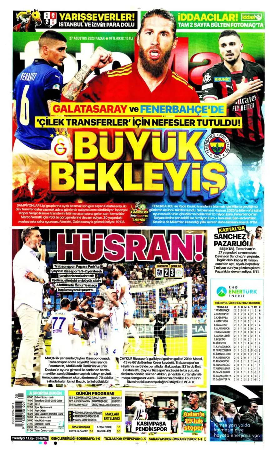 "Çilek transferler için nefesler tutuldu" (27 Ağustos 2023 spor manşetleri) "Çilek transferler için nefesler tutuldu" (27 Ağustos 2023 spor manşetleri)