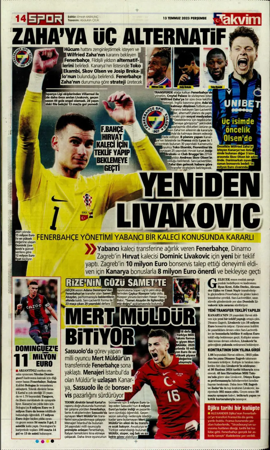 Günün spor manşetleri (13 Temmuz 2023) 
