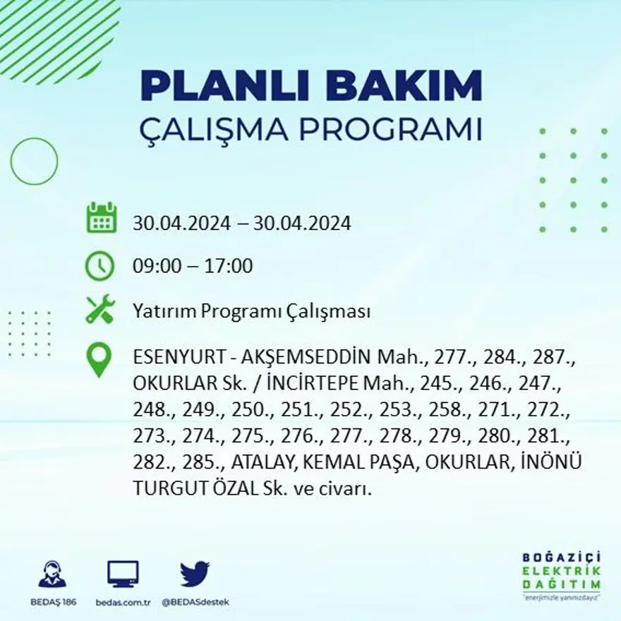 İstanbul'un 23 ilçesinde elektrik kesintisi: Elektrikler ne zaman gelecek? (30 Nisan tarihli BEDAŞ kesinti programı) 32