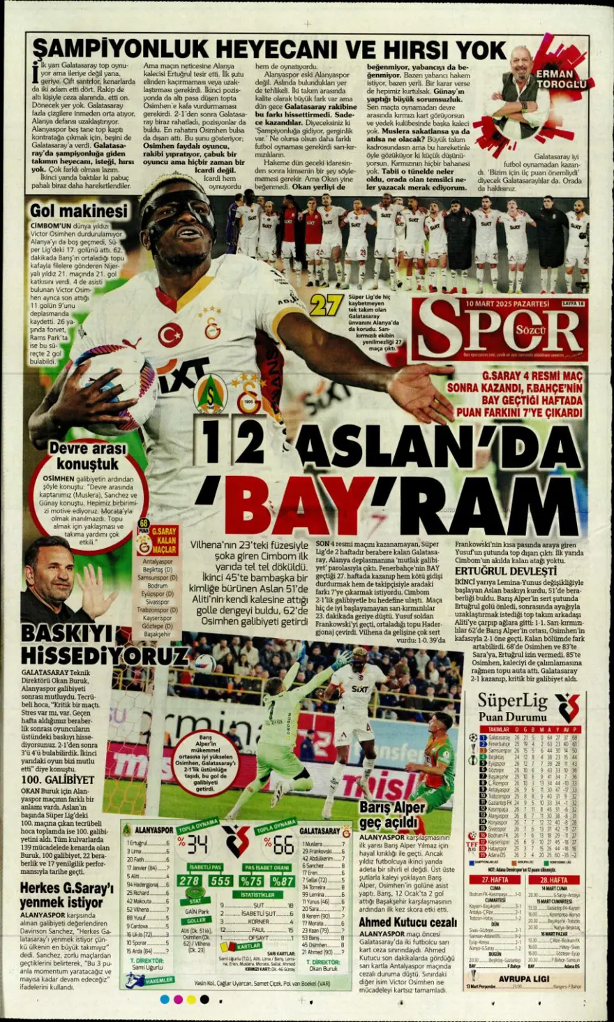 "Aslan kral kükredi" (10 Mart 2025 spor manşetleri) 10
