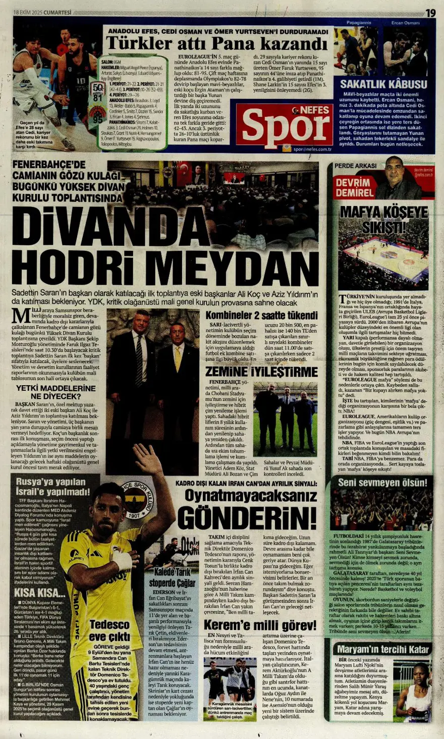"Yine yeniden Ceballos" (18 Ekim 2025 spor manşetleri) 11