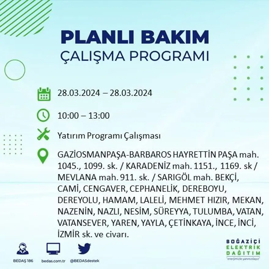 İstanbul'un 19 ilçesinde elektrik kesintisi: Elektrikler ne zaman gelecek? (28 Mart tarihli BEDAŞ kesinti programı) 28