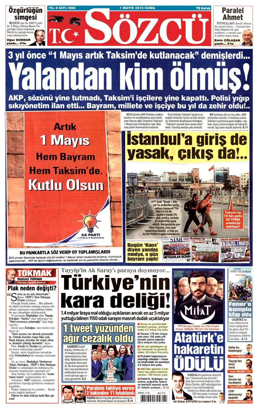 1 Mayıs 2015 gazete manşetleri 11
