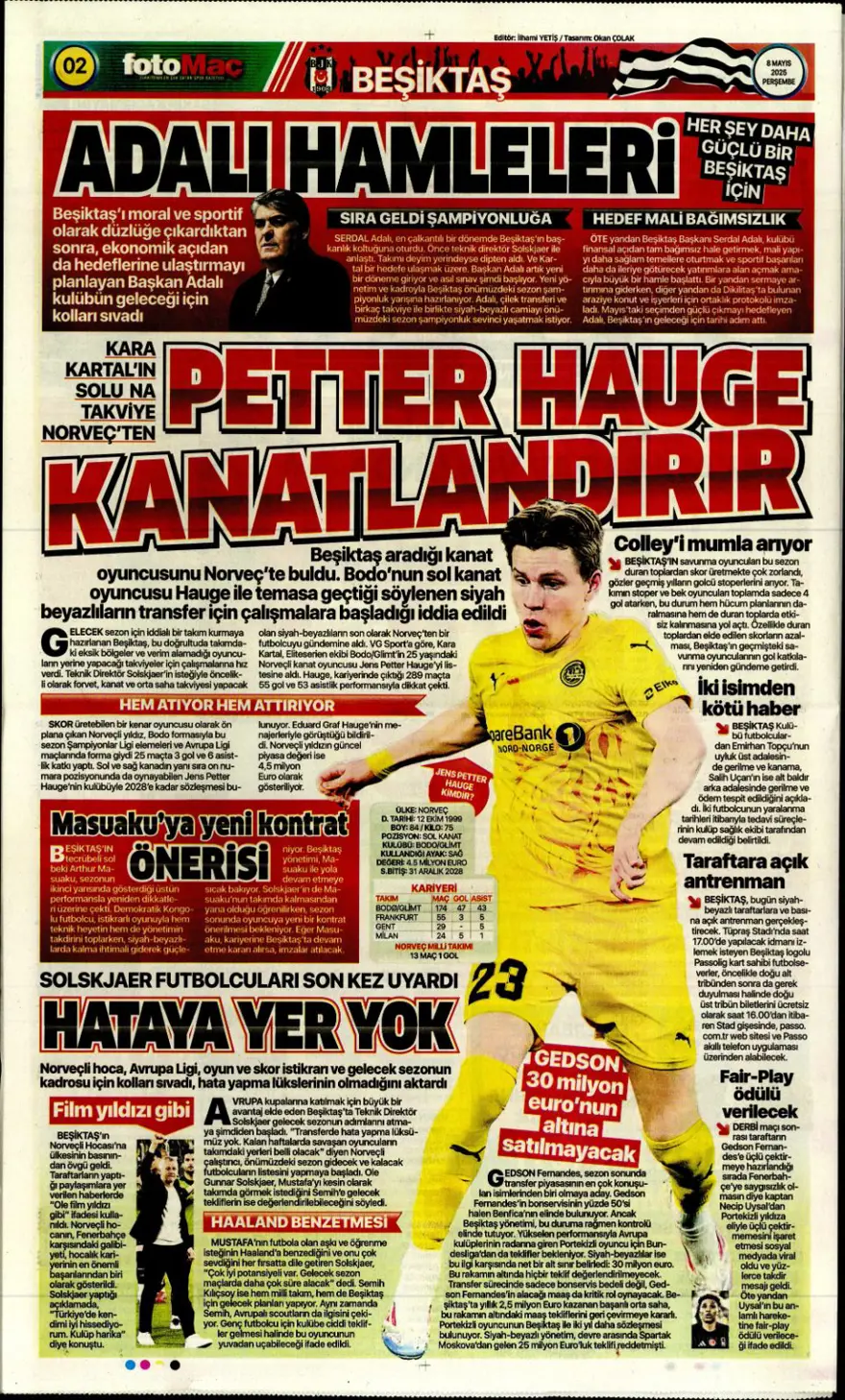 "Alacağım yok, borcum var" (8 Mayıs 2025 spor manşetleri) 8