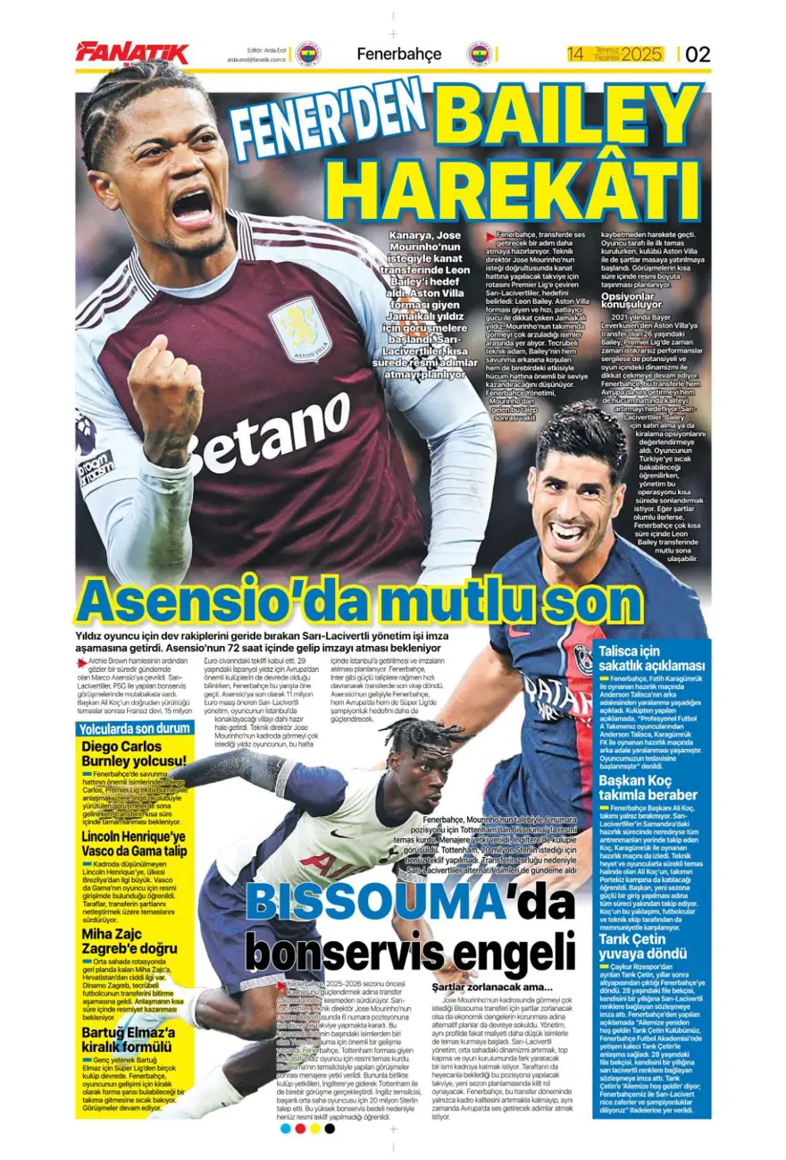 "Pasta Asensio, çilek Bissouma" (14 Temmuz 2025 spor manşetleri) 1