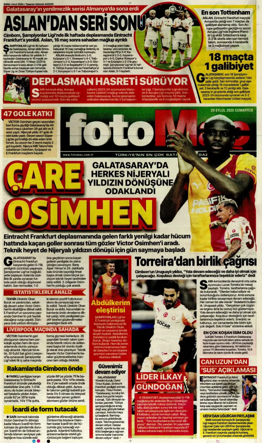 "Kartal yoğun bakımda" (20 Eylül spor manşetleri) 9