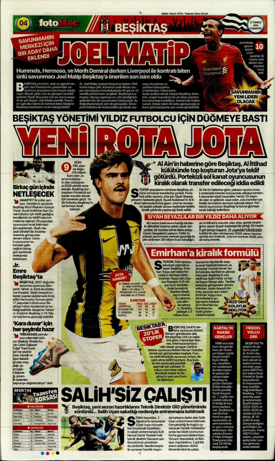 "Kartal'ın yükü 683 milyon TL" (27 Temmuz 2024 spor manşetleri) 19 "Kartal'ın yükü 683 milyon TL" (27 Temmuz 2024 spor manşetleri) 19