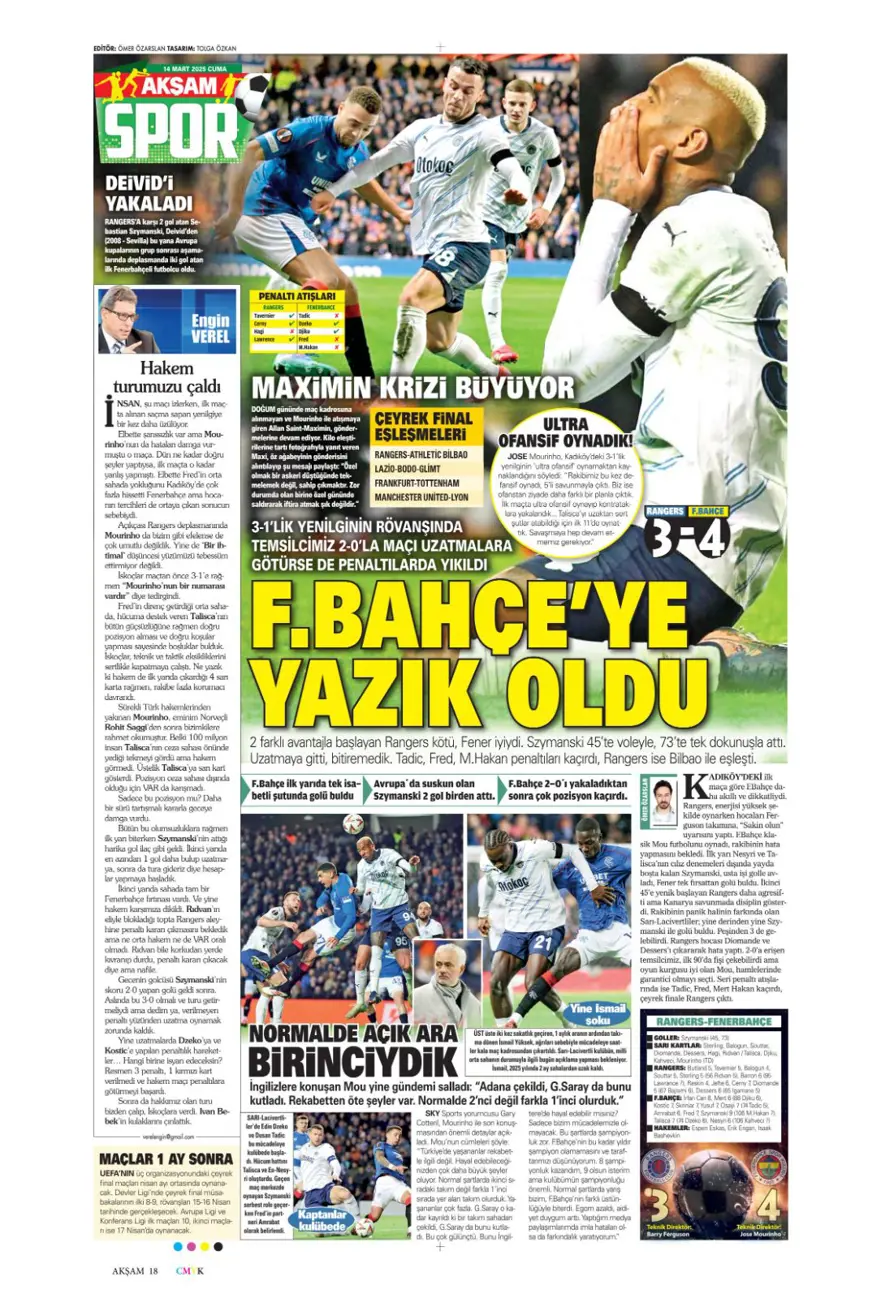 "Yazık oldu" (14 Mart 2025 spor manşetleri) 1