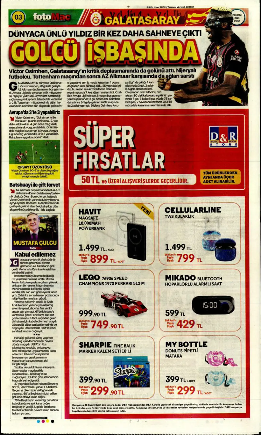 "Avrupa'da Fener alayı" (29 Kasım 2024 spor manşetleri) 14