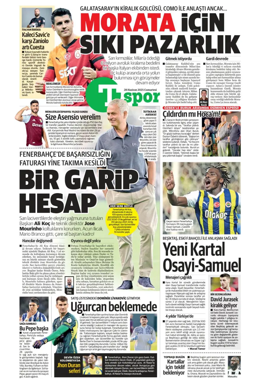 "Kolombiya seferi" (28 Haziran 2025 spor manşetleri) 15